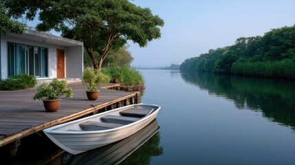 Naklejka premium Tranquil waterfront house with small boat