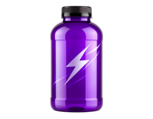 Angled Side View of Purple Energy Drink Bottle with Dynamic Lightning Bolt Illustration, Isolated PNG