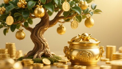 Golden Bonsai with Gold Fruits and Gold Coins.