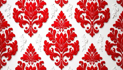 Red vintage wallpaper featuring an elegant red damask pattern on a white background - classic retro style that adds timeless sophistication and ornate charm to interior design visuals