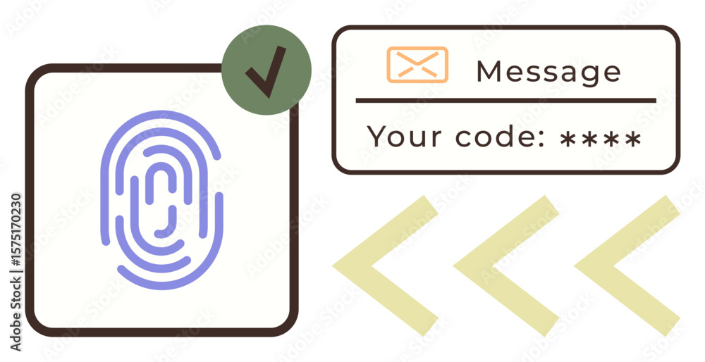 Poster fingerprint icon with approval checkmark, message notification, and secure code display. ideal for s