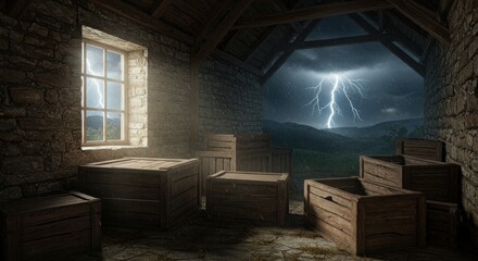 Mysterious rustic interior illuminated by storm lightning through window and opening reveals