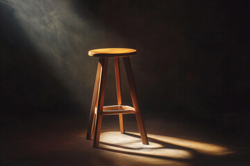 Wooden chair standing alone against a black background