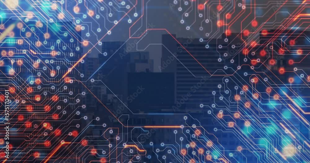 Poster white outline appearing over skyline and circuit grid growing nodes pulsing representing data flow