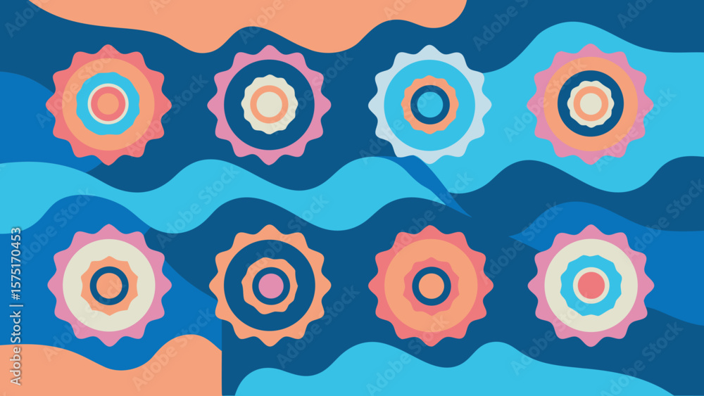 Poster abstract and colorful retro design with patterned flower-like shapes and wavy background