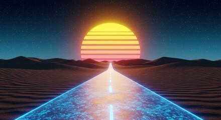 Retro desert road with glowing neon accents and a stylized sun illustration backdrop