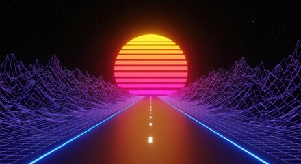 Retro cosmic voyage a neon grid landscape under a synthwave sun setting for infinity