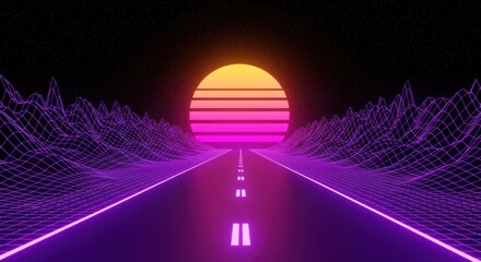 Retro future landscape with neon grid, road and sun, nostalgic 80s vibe