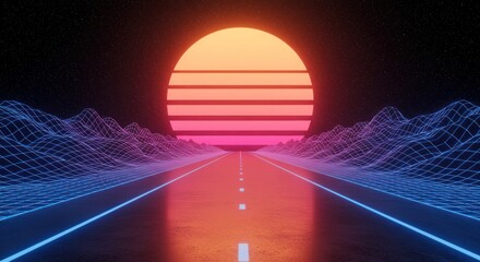 Retro futuristic journey through digital landscapes under a vibrant sunset horizon