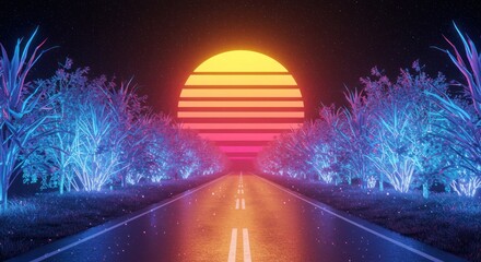 Retro futuristic journey through neon-lit landscapes and an ethereal horizon sunset