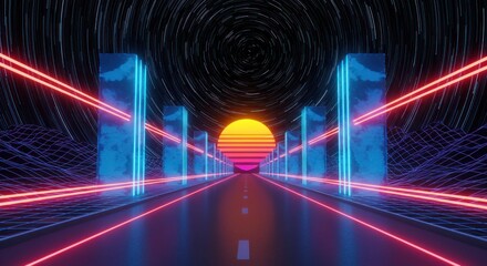 Retro futuristic journey with neon grid, cosmic skyline, and radiant cityscape design