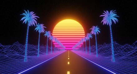 Retro futuristic neon landscape with palm trees and sunset for digital artwork