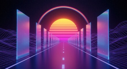 Retro futuristic synthwave highway towards vibrant horizon evokes a nostalgic journey