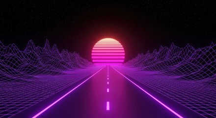Retro Synthwave Landscape: A Neon Road Leading to a Horizontal Striped Sunset