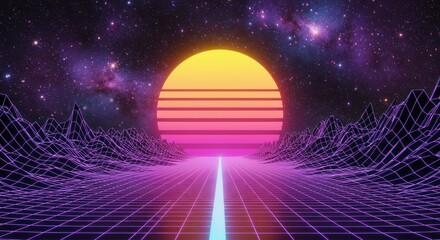 Retro landscape with sunset and neon grid conveys nostalgic digital art style