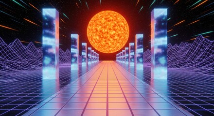 Retro Synthwave Landscape with Grids Mountains Sun and Reflective Pillars for a 1980s Aesthetic