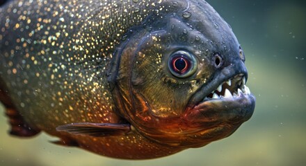 Sinister piranha portrait with speckled scales and sharp teeth lurking in murky waters