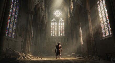 Solemn figure stands amidst ruins bathed in ethereal light within ancient cathedral