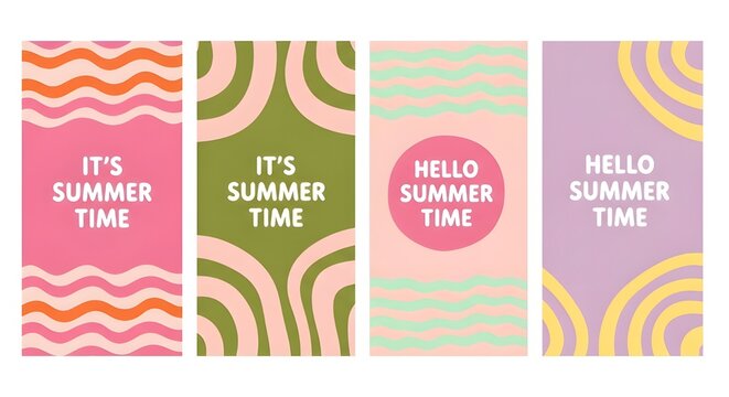 Summer Time Vertical Banner Collection | Retro Style Colorful Templates with Hello Summer Text for Social Media Marketing and Holiday Promotions - Powered by Adobe