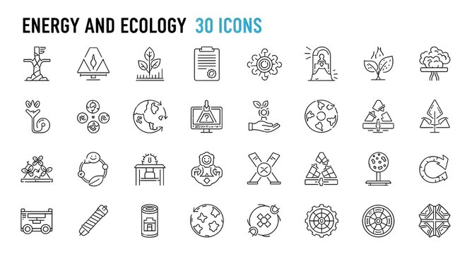 Energy and Ecology 30 Icons | Line Art Vector Pack for Environmental Science, Green Technology, and Sustainable Living Designs
