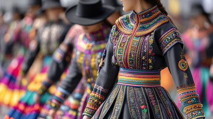 Fototapeta premium Close-Up of Women Wearing Intricately Embroidered Traditional Dresses During Festival del Yamor Cultural Street Parade in Ecuador