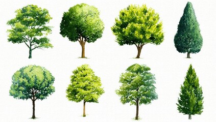 Nine stylized trees in various shapes and shades of green