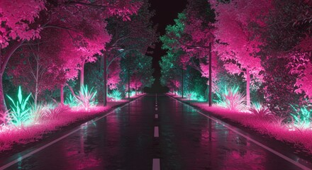 Surreal avenue with vibrant pink and green foliage offering a dreamlike escape