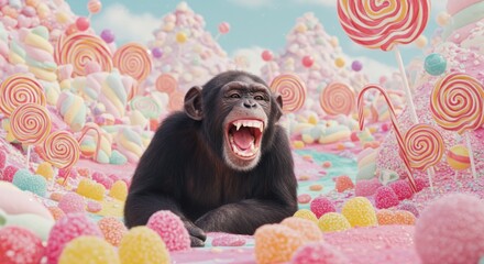 Surreal chimpanzee amidst sugary landscape evoking fantastical joy and sweetness