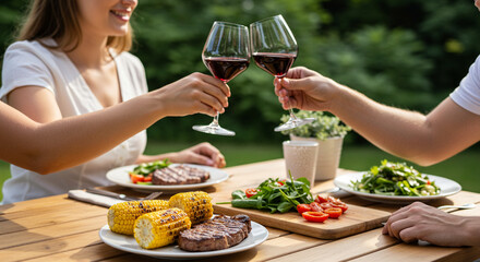 Couple toasting drinks over an outdoor meal with corn, steak, and salad on plates