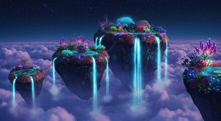 Surreal floating islands with vibrant flora and luminous waterfalls in a dreamy cloudscape beneath