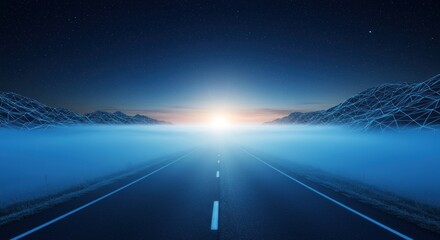 Surreal futuristic road with digital mountains, fog, and a radiant horizon under a starry night sky