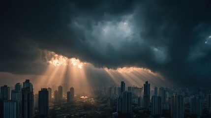 Obraz premium Dramatic Dark Cloudy Sky with Sun Rays Shining Over Urban City Skyline at Sunset