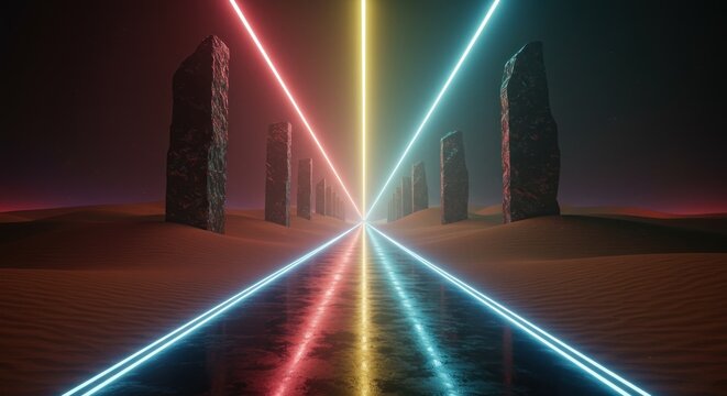 Surreal desert landscape with ancient stone monoliths illuminated by vibrant neon lights
