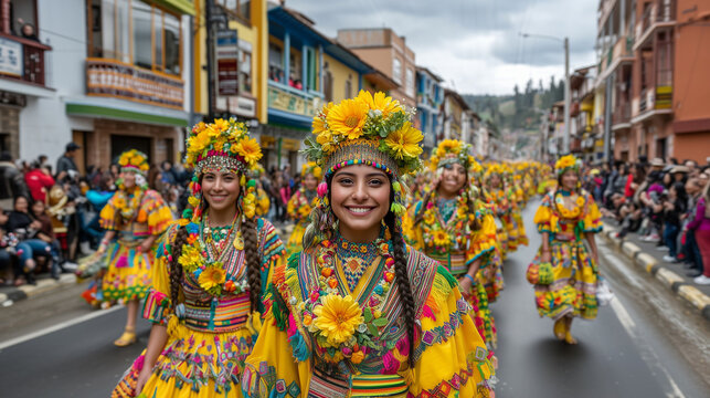 Women in Vibrant Yellow Floral Dresses Smiling and Dancing Through Streets During Festival del Yamor Parade in Otavalo, Ecuador