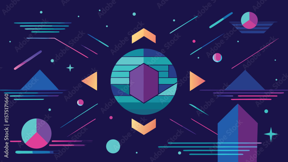 Poster abstract geometric composition with vibrant colors and dynamic shapes on dark background