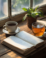 Hot cup of black coffee with a book on a wooden table