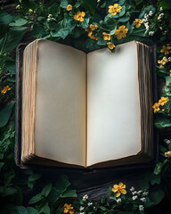 Old wooden frame and vintage book with floral accents on a blank grunge paper background