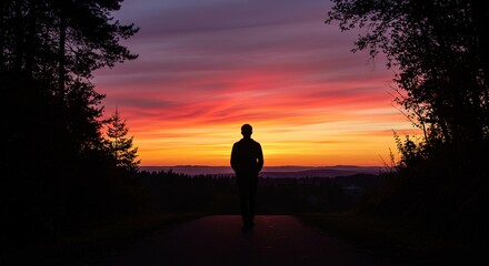 Silhouette of a person stands against a vibrant sunset sky between trees.