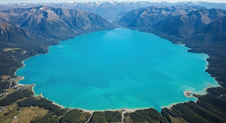 Aerial view of a turquoise lake surrounded by forest and mountains.
