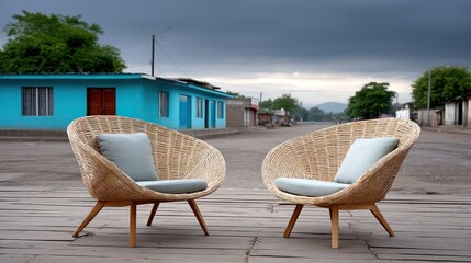 Obraz premium Two wicker armchairs, light beige color, on a wooden deck, in front of teal-colored houses