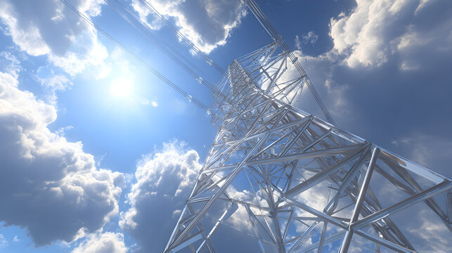 Realistic view of a tall power transmission tower against a vibrant blue sky with bright sunlight and fluffy white clouds, representing energy.
