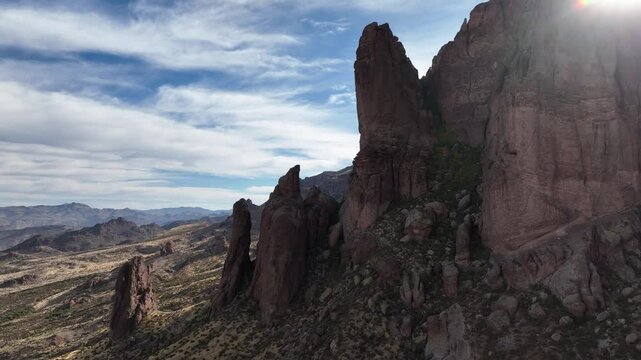 Aerial view of Superstition Mountains under serene sky, United States.