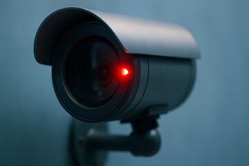 A futuristic surveillance camera with a glowing red light monitors in a minimalist studio shot.