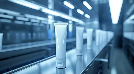 Close-up of neatly aligned white cream tubes on a conveyor belt, factory lines
