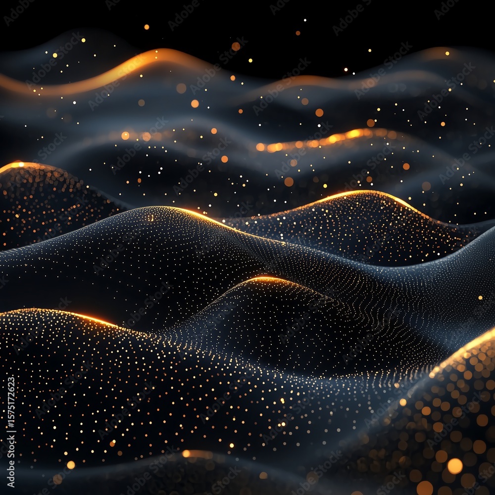 Poster rich black background scattered with glowing golden particles, creating an elegant and atmospheric l