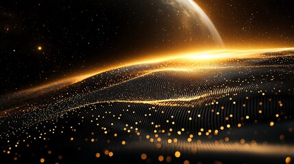 High-end award background with a sleek golden wave pattern on a black surface, featuring a glowing globe horizon for a futuristic touch.
