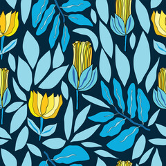Yellow colored flowers with blue leaves seamless pattern. yellow colored flowers with blue colored leaves seamless pattern. Good for fabric, textile, decoration, wrapping and more.