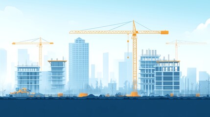 Minimalist construction site illustration with clean lines and soft grey tones, featuring abstract industrial elements and clear space for text or project details.
