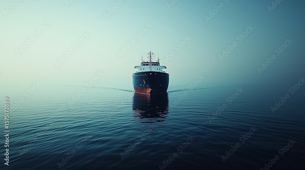 Poster abstract view of a large transport ship approaching the harbor, surrounded by vast open waters with 
