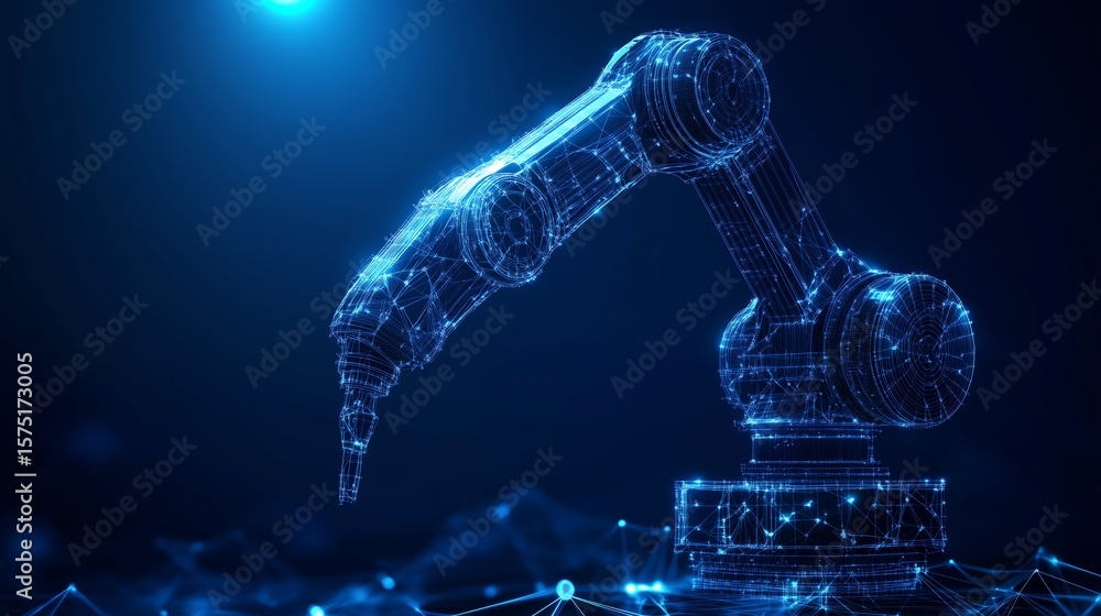 Poster heavy automation robot arm in a smart factory, representing industry 4.0 technology, with a low poly